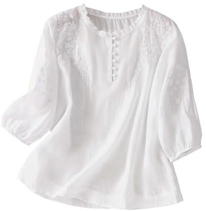 Uwdiohq Camisas Manga Corta con Botones Lino y algodón para Mujer, Blusa Bordada con Cuello, Informal, Estilo Bohemio, para Verano Camiseta Lencera Mujer (White, L)