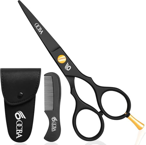 OCBA Tijeras de barba, tijeras profesionales para bigote, tijeras de corte de pelo para orejas y nariz, de acero inoxidable, uso seguro para cejas (Negro clásico)