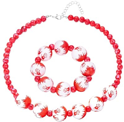 IMINI Ensemble de breloques effrayantes d'Halloween – Collier ras du cou réglable en perles en bois avec bracelet assorti, empreintes de main sanglantes, chauve-souris, mauvais œil, citrouille, bijoux