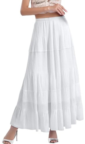 Jupe longue plissée en mousseline de soie blanche pour femme - Style bohème - Taille élastique, Blanc., 3XL