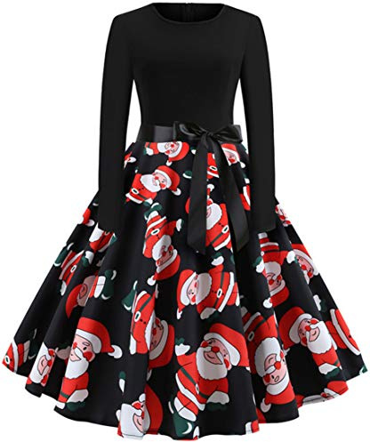 RUISHH Mujeres Vestido de Manga Larga de Cóctel Navidad Motivo Elegante Vestido de Fiesta Vintage Rockabilly Muñecos de Nieve XXL