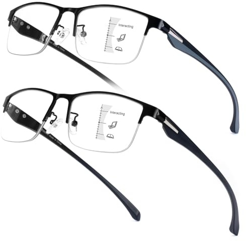 Missfive 2 Pack Premium Progressive Multifocus Reading Glasses Mens, TR90 Temples Blue Light Blocking Computer Readers No-Line Half Frame Multifocal Eyeglasses 1.5x