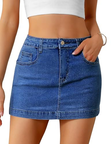 Mini jupe en jean pour femme - Taille haute - Extensible - Décontractée - Avec poches - Tendance