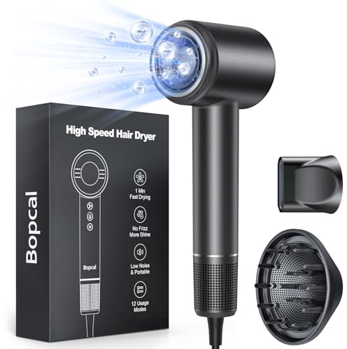 Bopcal Phon Capelli Professionale con Diffusore - 160000 giri/min ad Alta Velocità per Riccioli Secchi, Asciugacapelli con 500 Milioni di Ionico
