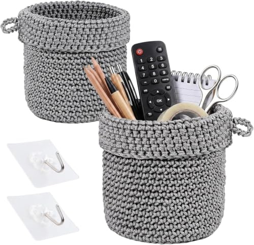 Dexpally 2 Piezas Cesta Para Colgar, Cesta De Pared, Cesta Colgante, 13 X 14 Cm Cesta De Almacenamiento Con Asa Tejida A Mano, Cesta Colgante Para Cocina, Baño, Con Gancho Gris