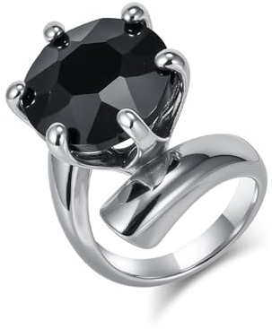Musihy rostfritt stål 6-prong solitärring för kvinnor 24 mm, silver svart, storlek T 1/2