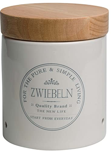 KHG Zwiebeltopf Keramik Steingut Weiß Holzdeckel Bambus, Zwiebel Aufbewahrung, 1kg Kapazität, Zwiebeldose rund, atmungsaktive Luftlöcher, Oberfläche glänzend glasiert Emaille, beschriftet