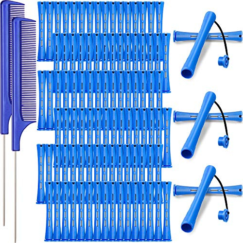 WILLBOND 96 Pcs Hair Perm Rods Plastic Cold Wave Perming Rod for Short Long Hair Curlers Heatless Roller with 2 Steel Pintail Rat Tail Comb for Hairdressing Styling Tool(0.35 Inch/ 0.9 cm,Blue)