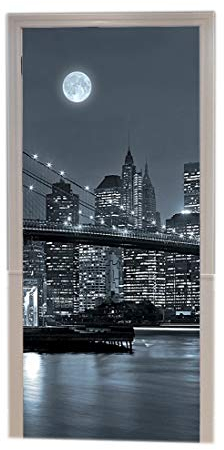 A.Monamour Pegatinas Decorativas de Puerta Autoadhesivo 3D Puente De Brooklyn De New York Manhattan Skyline Noche Monocromo Vinilo para Puertas Mural PVC Pegatinas de Pared Foto Poster 77 x 200 cm