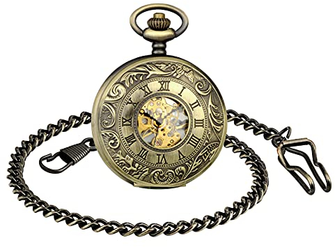 SUPBRO Damen Herren Taschenuhr Bronze Mechanische Kettenuhr Uhr Automatik Pocket Watch mit Halskette Pullover Kette Analog