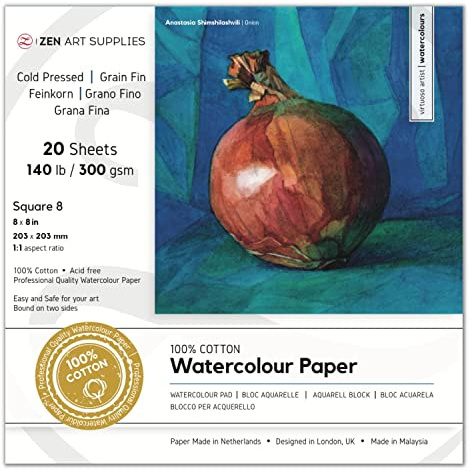 Watercolor Paper Block 8x8 in – ZenART 100% Cotton Watercolor Paper, Cold Pressed 140 lb / 300 GSM, Acid-Free, 20 Sheets, Thick Absorbent, Artist Grade for Water Color, Gouache and Other Wet Media