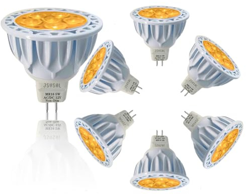 JSVSAL MR16 GU5.3 Bi-Pin Base Yellow Led Bulbs 5W Not Dimmable,35W 50W Halogen Equivalent,AC/DC 12V Low Voltage,40 Degree Spotlights for Landscape Yard Garden Tree Pool Holiday Lighting,6-Pack