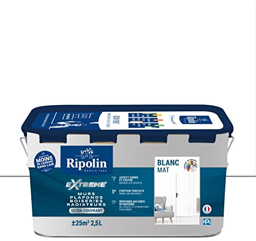 RIPOLIN - Peinture Monocouche pour Murs, Boiseries & Radiateurs - Intérieur - Finition Parfaite - Aspect Sobre et Feutré - Haute Résistance aux Chocs & Salissures - Lessivable - Mat - 2,5L - Blanc