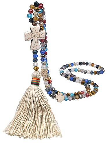 Damen Kristall perlen Ketten Pullover Kette Böhmen Kreuz Halskette Lange Sweater Kette Halsschmuck Mehrfarbige Lange Quaste Anhänger Halsketten Modeschmuck Perlen Halsketten