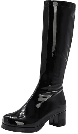 Botas Altas Color Caramelo Brillante para Mujer,Botas Caballero con Cremallera Lateral para Desfile Moda Fiesta Informal,Botas hasta la Rodilla Ajuste ceñido Charol Sexy,Negro,37 EU