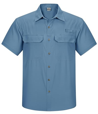 Outdoor Ventures Chemise à manches courtes pour homme - Protection UV - Imperméable - Séchage rapide - Pour la randonnée, la pêche, les voyages, le safari, Verre bleu, XL