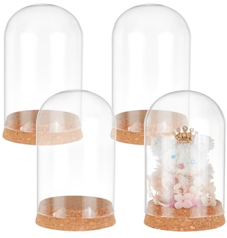 PH PandaHall Lot de 4 dômes en verre transparent avec base en liège - Bocaux décoratifs pour objets de collection, figurines de fleurs, décoration de Noël, fête de Noël - 8 x 12,9 cm