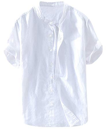 Leinenhemd Herren Kurzarm Leicht Sommerhemd Slim Fit Comfort Kurzarmhemd Sommer Baumwolle Leinen Hemd Stehkragen Druckknöpfe Hemd Stretch Modern Herrenhemden