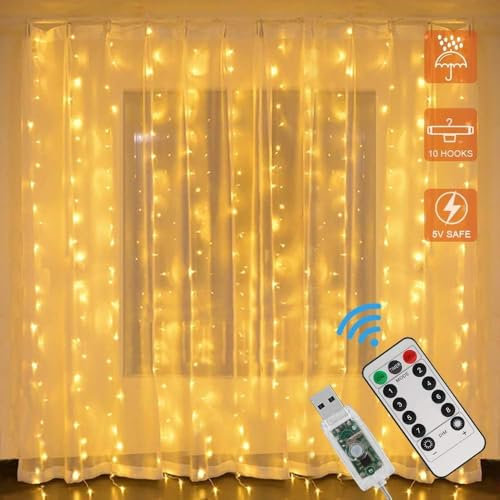 GOMETY USB LED Lichterkettenvorhang Mit Fernbedienung: 1 Set Warmweiß 200 LEDs, Timer Und Dimmbar, Für Innen- Und Außendekoration Bei Hochzeit, Party, Weihnachten (Warmweiß, 3x2M)