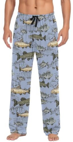 JHKKU Herrpyjamasbyxor mjuka bekväma flodfisk sömn loungebyxor pyjamasbyxor med fickor