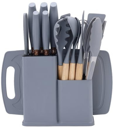 Set Coltelli da Cucina, pacchetto di utensili da Cucina da 19 pezzi, comprende 5 coltelli e 13 utensili da cucina in silicone, oltre a 1 scatola di stoccaggio (grigio)