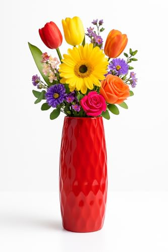 Vaso elegante rosso 24 cm, PVC, design ondulato per fiori a lungo gambo, composizioni secche, decorazione casa-ufficio, regalo duraturo e leggero per inaugurazioni