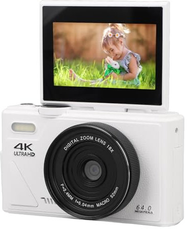 Fotocamera Digitale 4K per Fotografia, Fotocamera da Vlog AutoFocus UHD 18x Zoom per YouTube con Schermata Flip da 3, Videocamera Compatta con Funzione Webcam (WHITE)