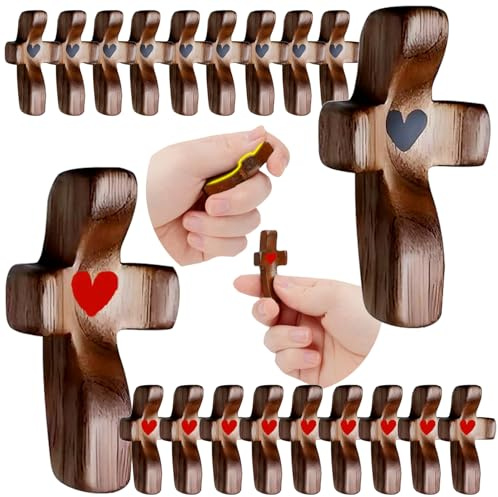 Andckcer Holzkreuz Mein Herz, Daumenkreuz mit Herz, handgefertigtes Handkreuz, christliches Geschenk, Angstlinderung, Stressabbau, Gebet, Taschenkreuz (je 10 Stück, rot und schwarz)