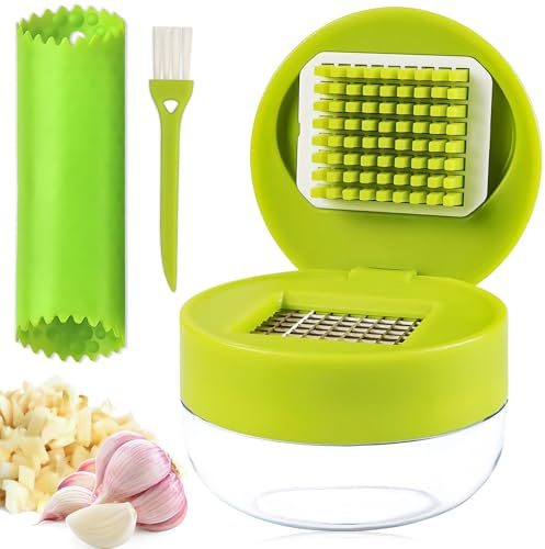 Tadpolez Vitlökspress & mini vitlökshackare – 3-delat set Ø 7 cm med 304 rostfritt stål skärgaller, hermetisk förvaringsmugg 60 ml BPA-fri, diskmaskinssäker, manuell vitlökshackare