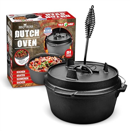 BBQ BOSS Dutch Oven [Capacité 5L] Fonte - Casserole - Cocotte - Cast Iron - Marmite à feu - Chaudron à goulasch - Avec couvercle