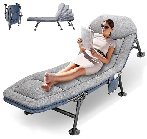 Folding Sun Lounger XXL, Camp Bed with Mattress, Camping Bed 190 x 65 x 30 cm, 5-Position Adjustable Backrest, Garden Lounger, Weatherproof with Side Pocket, for Balcony, Garden, Camping