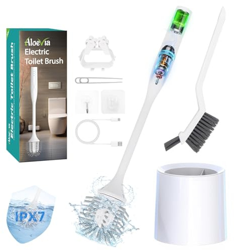 Aloevia Electric Toilet Brush with Holder, Ultra Quiet & Powerful Scrubbing, IPX7 Waterproof Self-Cleaning Brush for Toilet/Bathtub/Grout, Cordless Spin Scrubber with 320RPM Turbo Power - White