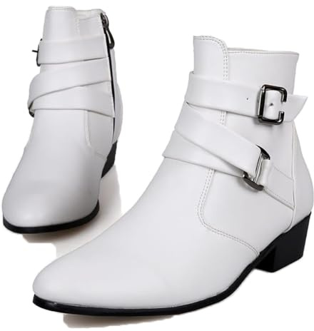 ENWIND Stivali da Uomo in Pelle Stivali da Moto da Motociclista Cowboy con Cerniera Chukka Stivaletti,Bianca,44 EU