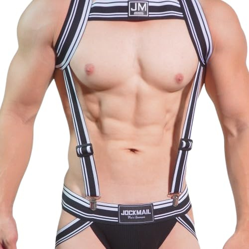 YITMGDD Mens Body Harness Sport Shoulder Strap with Jock Strap Fitness One-piecs Harness with Jockstrap Bodysuit Black and White