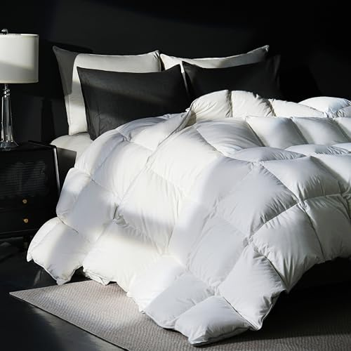 Yalamila Goose Feather Down Fiber Comforter Queen Size, 100% Cotton Ultra Soft Fluffy Duvet Insert Queen, All Season Luxurious Hotel Bedding Comforter with 8 Loops, White 90x90