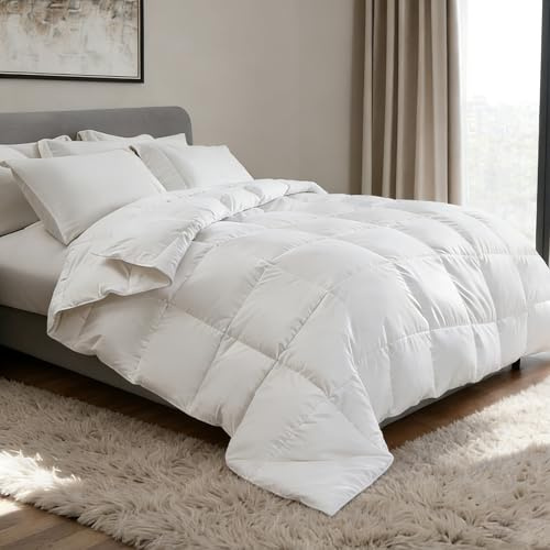 Royal Luxe Goose Feather Down Fiber Comforter - 100% Cotton Fluffy Duvet Insert - Luxury Hotel Quilts Lightweight Bedding Comforter - Light Warmth, 68 x 90 Inch, White