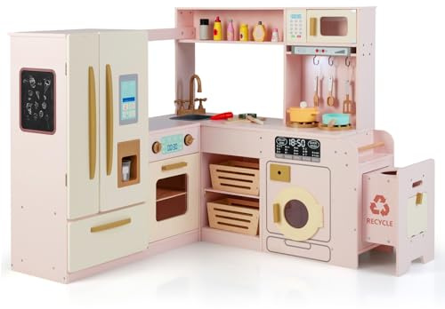 COSTWAY Cuisine d'angle en Bois Enfant avec Lumières & Sons, Jeu de Cuisine Enfant avec Réfrigérateur & Poubelle & Machine à Glaçons & Micro-Ondes, 22 Accessoires & Tableau Noir pour 3 Ans+ (Rose)