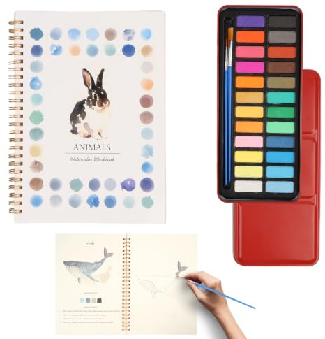 MINGBOLIN Carnet Aquarelle avec 24 Couleurs Kit Débutant et Pinceau | 15 feuilles avec motifs animaux et espaces libres reliure spirale 23 × 16,5 cm kit créatif pour enfants et adultes