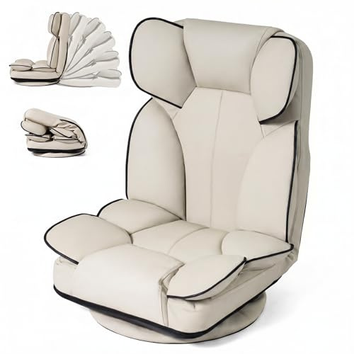 COSTWAY Fauteuil de Sol Pliable Pivotant (Beige) | Dossier Réglable 6 Positions, Canapé Paresseux avec Rembourrage Mousse Élastique, Housse Lavable, pour Salon, Bureau, Chambre
