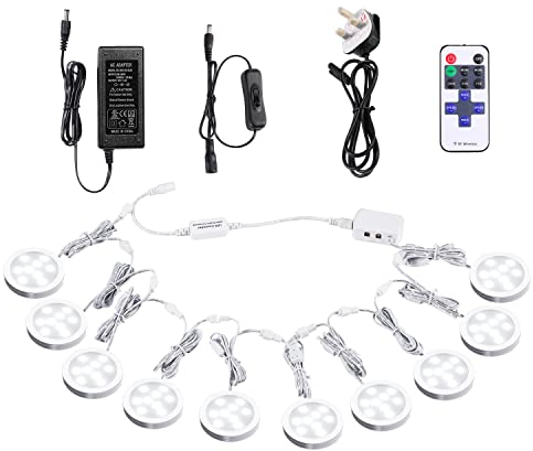 AIBOO Under Cabinet Kitchen Lights LED 10 Pack with Remote,Dimmable Under Cupboard Kitchen Light with Power Plug and Switch,Puck Lights Under Cabinet Lighting Under Counter Light Daylight White 6000K
