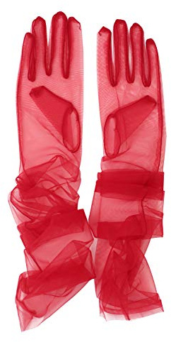 Kvinnors bröllop brud nät tyllhandskar lång opera kostym festhandskar 68,5 cm armbågslängd genomskinliga handskar, Röd, One Size