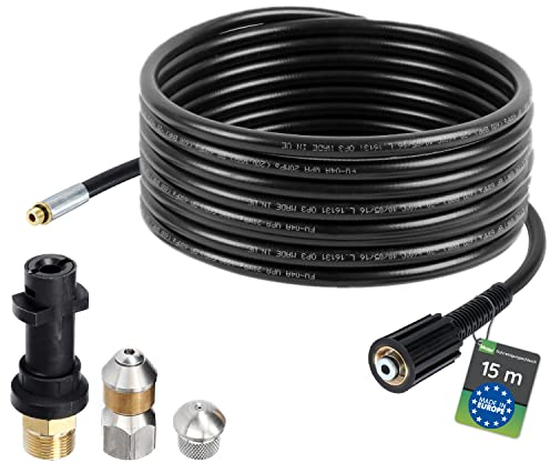 Manguera para limpieza de tuberías, 15m, 160-200 bar, incl. adaptador, boquillas rígidas + giratorias, compatible con las limpiadoras de alta presión Karcher K2, K3, K4, K5, K6, K7
