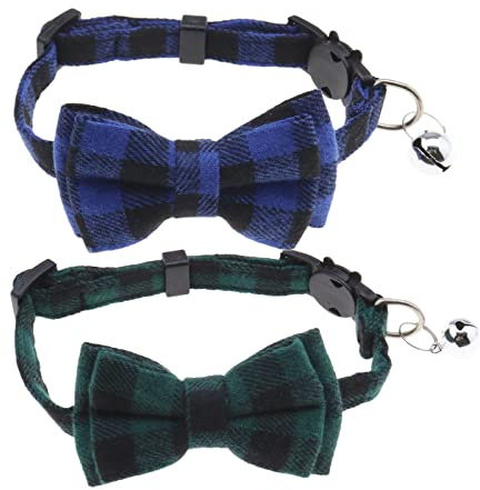 2 st hundhalsband med klocka och fluga söta rutiga halsband med mjuk bekväm rosett och justerbart spänne för hundar katter husdjur blå grön S storlek