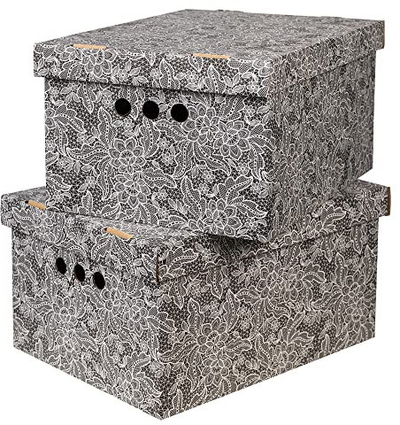SOFTILLO Cardboard Storage Boxes with Lid, Decorative Wardrobe, Closet, Home & Office Organiser with Handle, Flat-Packed, Stackable File Box, Gift for Adults & Kids, Set of 2, Large - Black Laces