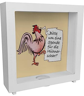 Rahmen Spardose aus Holz mit Hahn Motiv in rot zum Thema Trinkgeld und lustigem Spruch schöne Sparbüchse als Geschenk für Sparfüchse die Hühner mögen und eine Hühnerschar auf dem