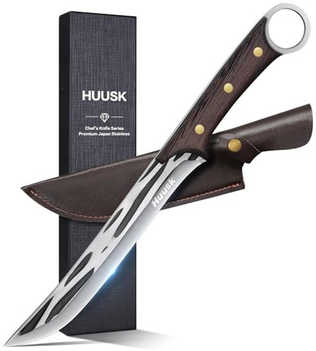 Huusk Slicing Knife for Meat Cutting, Hand Forged Brisket Knife with Sheath, High Carbon Trimming Butcher Knives, BBQ Carving Knives for Kitchen Outdoor Camping, Gift for Men and Women