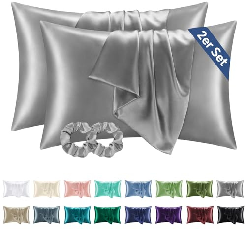 BEDELITE Satin Kissenbezug 50x80 Grau - Kopfkissenbezug 2er Set Weich wie Seidenkissenbezug 50 x 80 Sommer mit 2 Haargummis für Haar und Haut, Similar to Silk Pillowcase Pillow Cover