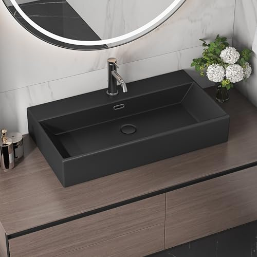 30 x 16 Bathroom Sink Vessel Rectangle, Eridanus Hang Wall Mount Sinks Floating Trough Countertop Vanity Washbasin, Ceramic Porcelain Modern Art Face Basin Bowl with Overflow, Matte Black