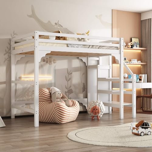 NQSLDM Hochbett Holzbett 140x200 cm mit Treppe und Stauraum, Etagenbett mit Kleiderschrank und Lattenrost, Bett für Kinder und Jugendliche, Bettgestell aus Kiefernholz, Ohne Matratze, Weiß