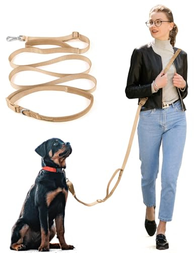 Wisedog 16 FT Hands Free Dog Leash, Comfort and Safety Padded Handle & Heavy Duty Metal Clasp - Two Handle Dog Leash Adjustable Lengths for Walking Training Running (Sand Color)